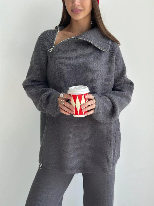 High Collar Zipper Knitted Sweater Women Suit Autumn Winter Knitted Western Wide Leg Two Piece Suit