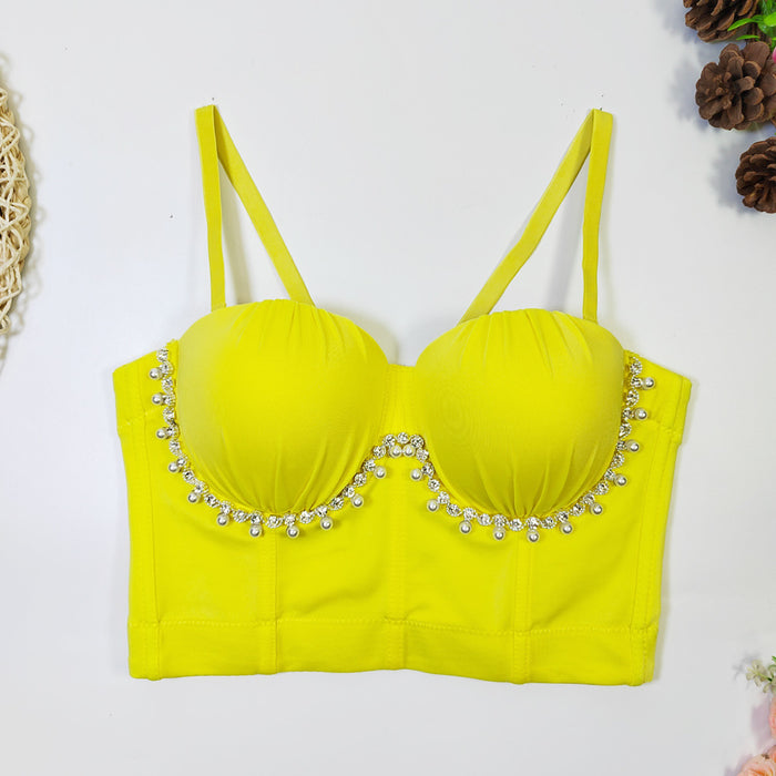 Fashionable All Match Pearl Drill Chain Boning Corset Bra Outer Wear With Steel Ring Comfortable Back Shaping Pleated Carnival Tube Top