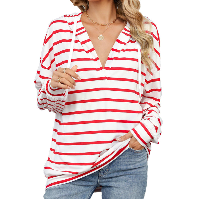 Autumn Winter Striped round Neck Hooded Long Sleeve Loose Sweatshirt Women