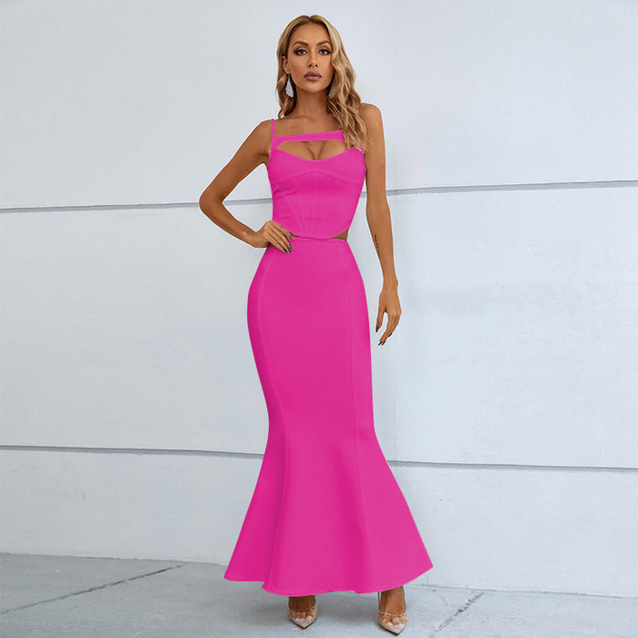 Socialite Suit Fishtail Skirt Elegant Women Clothing Sexy Hip Spaghetti Straps Cropped Outfit Mid Length Skirt Set Suit Two Piece Set Autumn