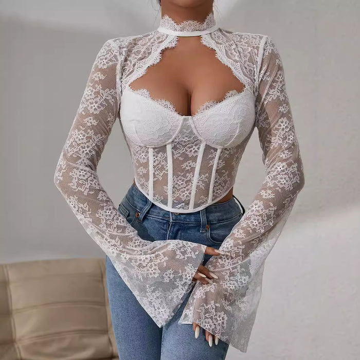 Popular Sexy Cutout Girls Lace See Through Boning Corset Wrapped Chest Puff Sleeve Top