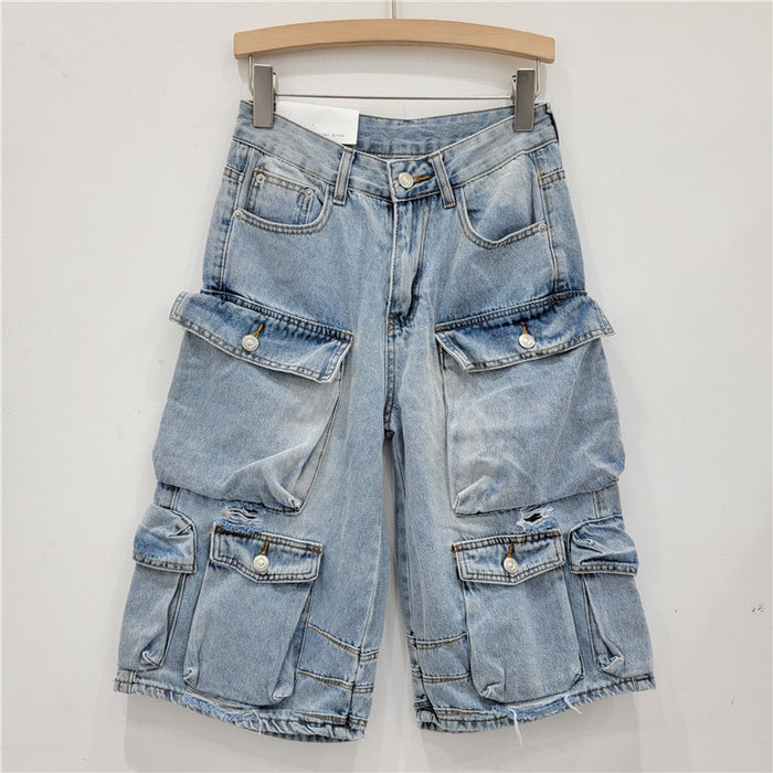 Multi Pocket Denim Shorts Brand Faux Leather Shuai Mei Retro Washed Distressed Tooling Loose Casual Cropped Trousers