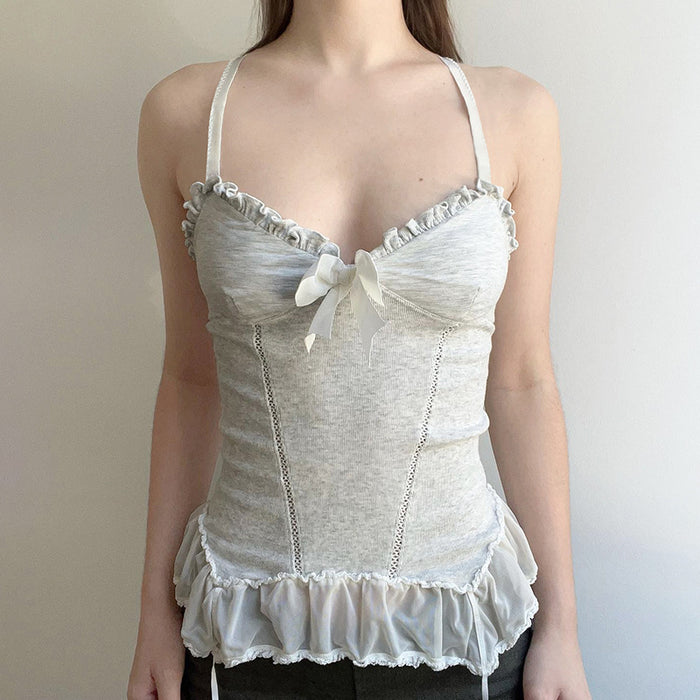 Sexy Low Cut V neck Pleated Lace Bow Suspenders Girl Slim Fit Waist-Tight Pure Mesh Vest