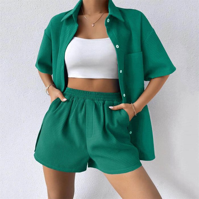 Summer Suit Women Women Loose Casual Short Sleeved Shirt Elastic Waist Shorts Two Piece Set Women