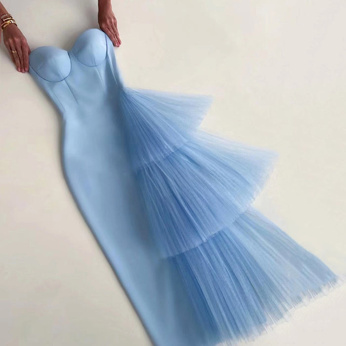 Bandage One Piece Dress Summer Elegant Slim Fit Sexy High Waist Dinner Dress Tube Top Tulle Dress