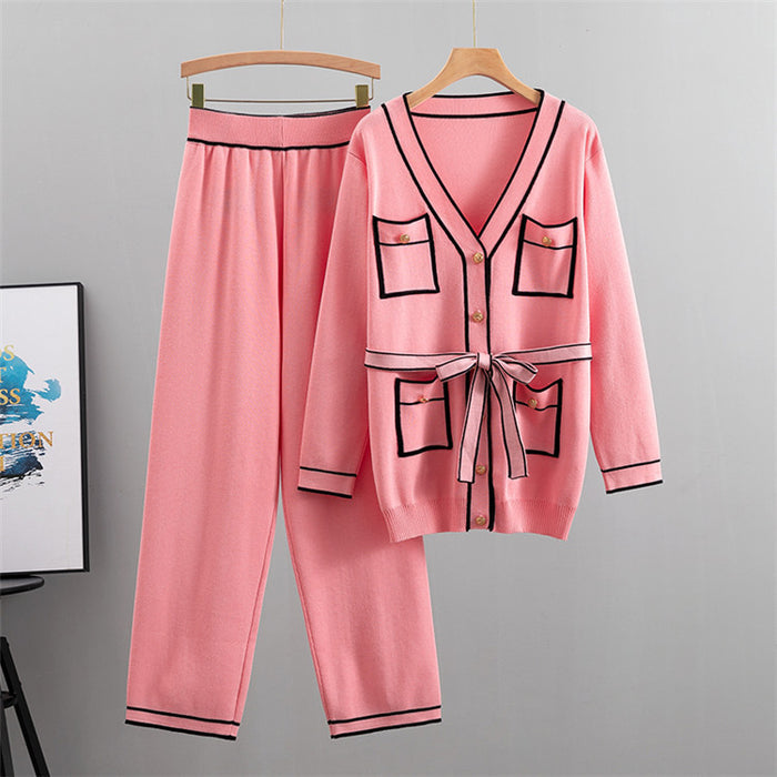 Classic Autumn Winter Knitting Cardigan Wide Leg Pants Suit Women Autumn Two Piece Suit