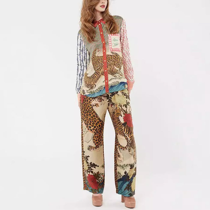 Casual Vacation Leopard Print Long Sleeved Shirt Trousers Two Piece Suit