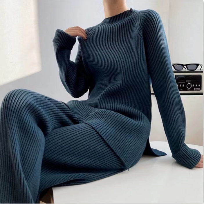 Solid Color Split Sweater Wide Leg Pants Two Piece Set Women Spring Loose Spring Autumn Knitting Suit