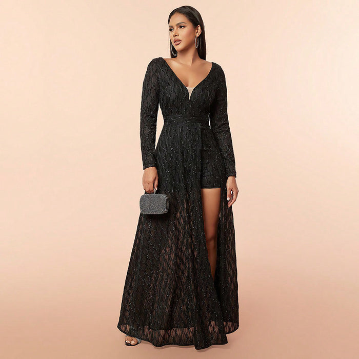 Spring Summer Elegant Dress Deep V Plunge Mesh Sequ Long Sleeve Cocktail Dress