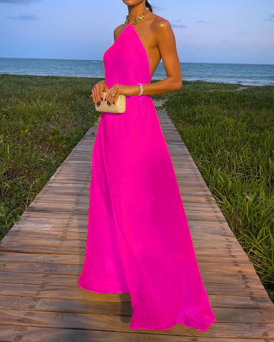 Summer Sexy Solid Color Halter Large Swing Backless Mop Maxi Dress