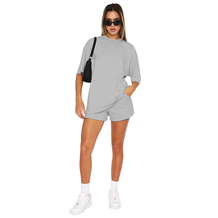 Solid Color round Neck Half Sleeve Pullover Top Women Clothing Casual Shorts Suit Summer