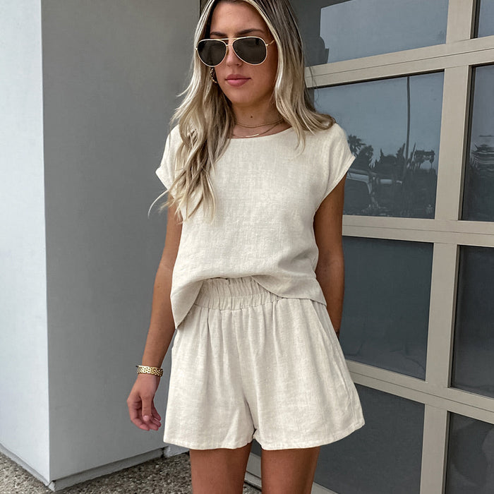 Summer Elegant Cotton Linen Drop Shoulder Sleeve Sleeveless Top Shorts Two Piece Set Khaki Casual Women Wear