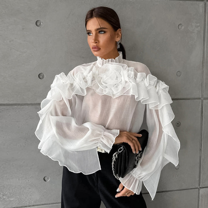 French Mesh Small Stand Collar Pullover Layered Ruffled Shirt Spring Women