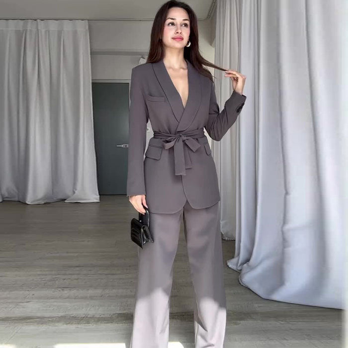 Autumn Solid Color Waist Tight Suit High Waist Wide Leg Pants Office Suit