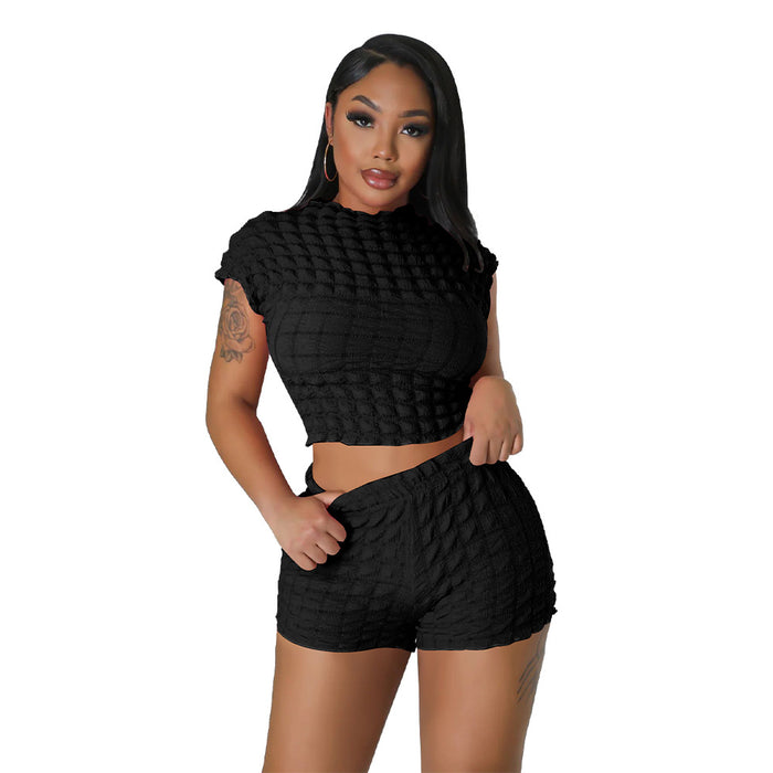 Women Clothing Popular Sleeveless Cropped Shorts Popcorn Bubble Two Piece Set