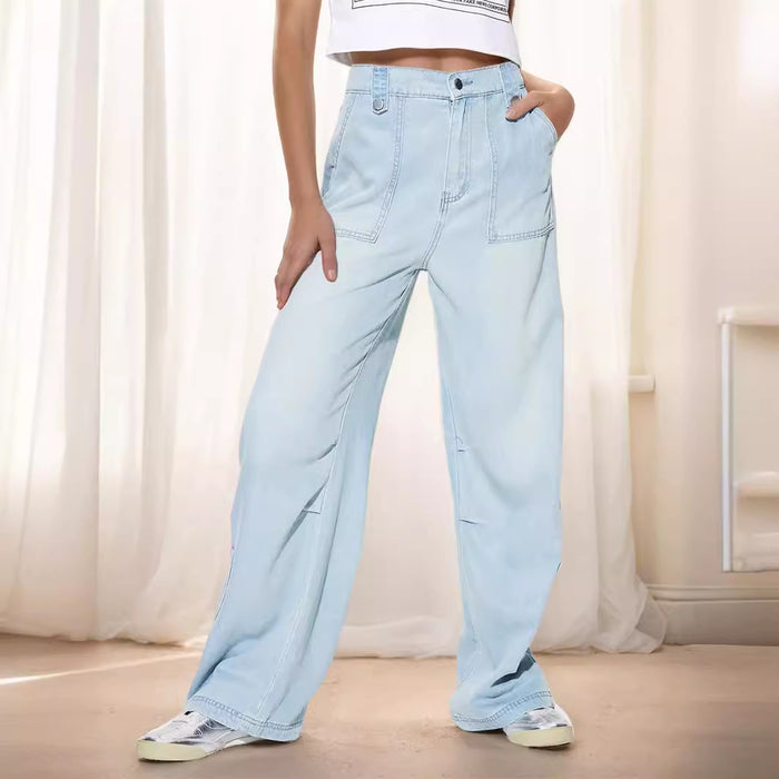 Tencel Cotton Overalls Pleated Design Summer Thin Semi Elastic Waist Draping Mop Loose Ice Silk Jeans for Women