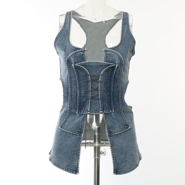 Spring Summer Super Elastic Denim Washed Hollow Out Cutout See through Denim Vest Small Top for Women