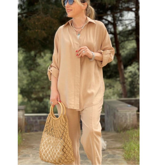 Women Suit Spring Summer Loose Fitting Long Sleeves Shirt Lace Up Casual Cropped Pants