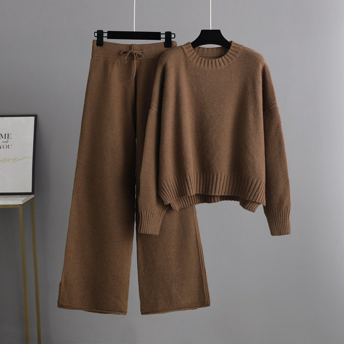 Autumn Winter Casual Knitting Work Pant Women Korean Loose Sweater Wide Leg Pants Pants Two Piece Set