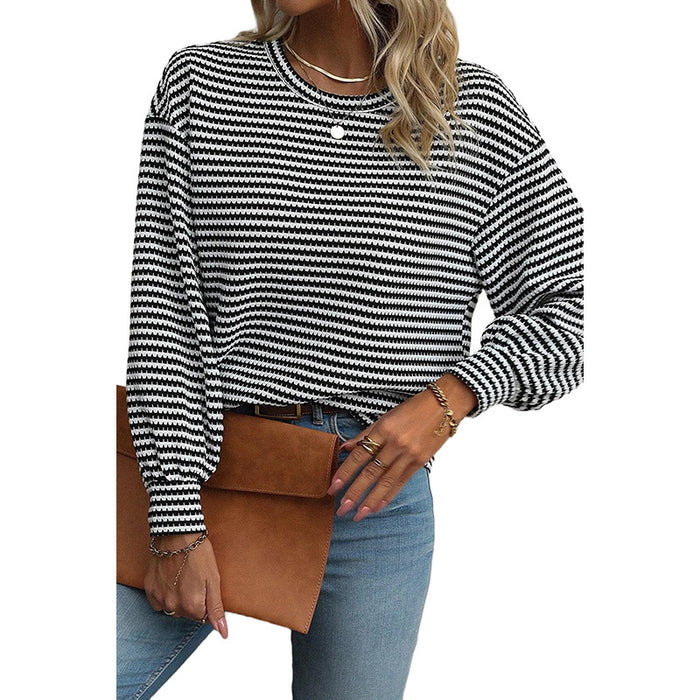 Autumn Striped Color Block Crew Neck Pullover Women Office All Matching Drop Shoulder Long Sleeve T Shirt Women