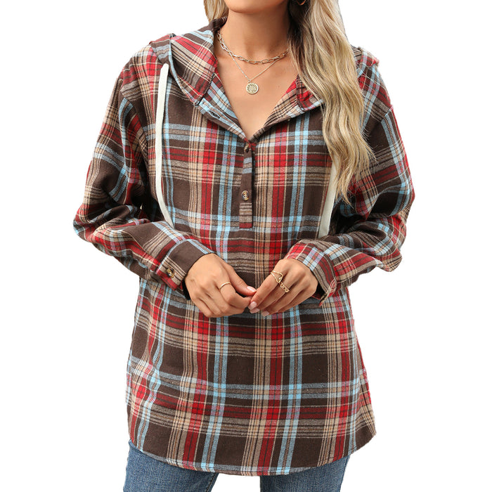 Autumn Winter Loose Long Sleeve Hooded Button Plaid Coat Sweatshirt Women