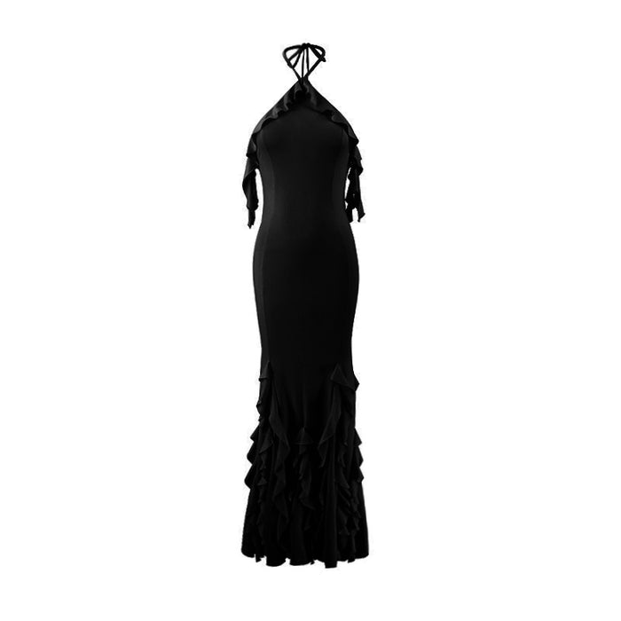 Women Summer Sexy Halter Backless Sheath Ruffled Pleated Drape Evening Dress Maxi Dress