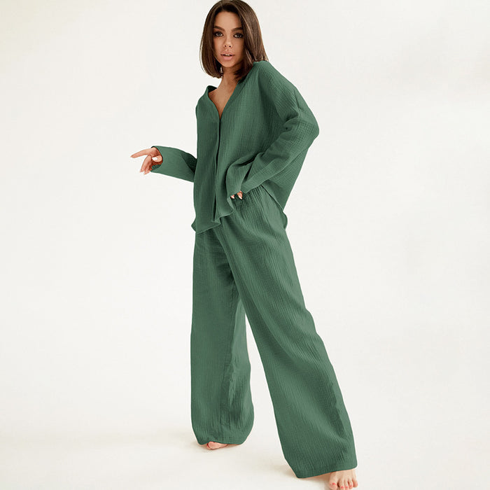 Summer Double Layer Crepe V-neck French Loose Comfortable Long Sleeve Pajamas Women Cotton Linen Homewear Set