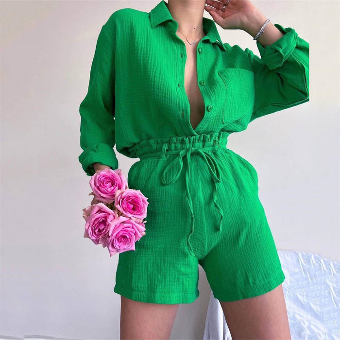 Women Clothing Suit Pure Cotton Summer Collared Long Sleeve Shirt High Waist Pocket Shorts Two Piece Set