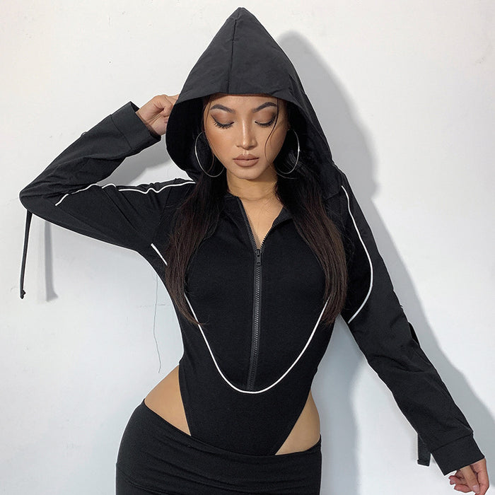 Street Cool Locomotive Ribbon Zipper Hooded Long Sleeve Jumpsuit Women Autumn Winter Clothing