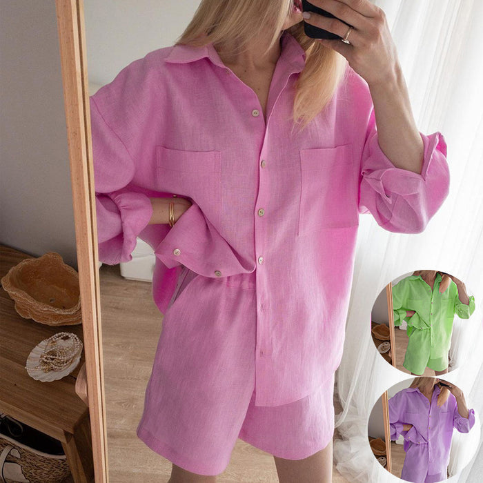 Women Clothing All-Match Shirt Elastic Waist Shorts Two-Piece Suit