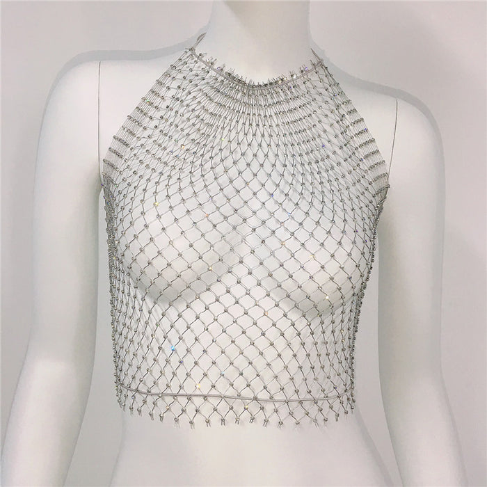 Women Clothing Grid Rhinestone Fishnet Halter Spaghetti Straps Sexy Cutout Sexy Sling Women