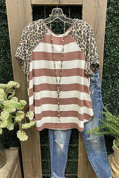 Ladies Top Leopard Print Short Sleeve Striped Patchwork Round Neck T shirt Loose Top