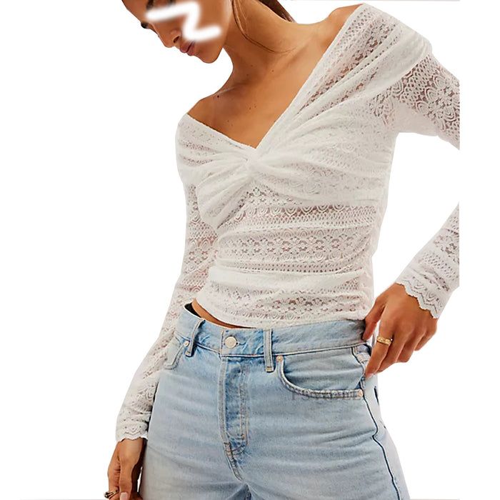 Sexy off the Shoulder Lace T shirt Top Women Knot Cross Irregular Asymmetric Long Sleeve Top