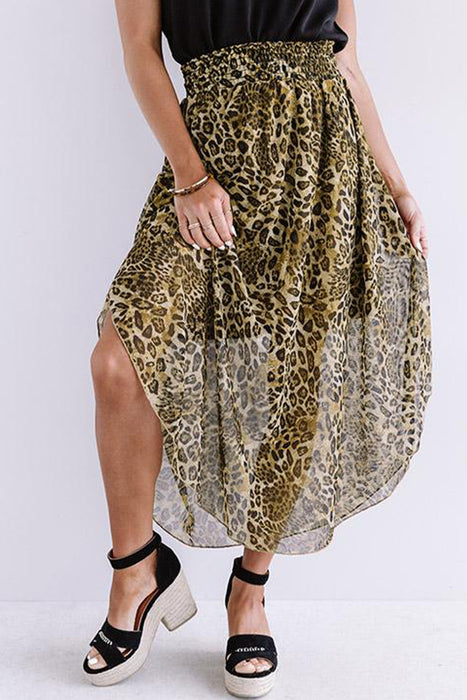 Pleating Leopard Print Dress Autumn High Waist Slimming Chiffon Asymmetric Skirt