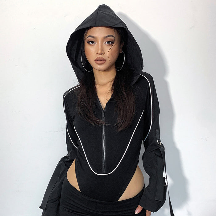 Street Cool Locomotive Ribbon Zipper Hooded Long Sleeve Jumpsuit Women Autumn Winter Clothing