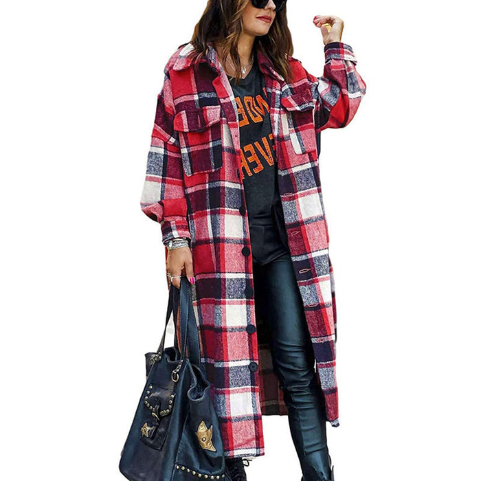 Women Clothing Popular Long Sleeve Loose Plaid Shirt Woolen Long