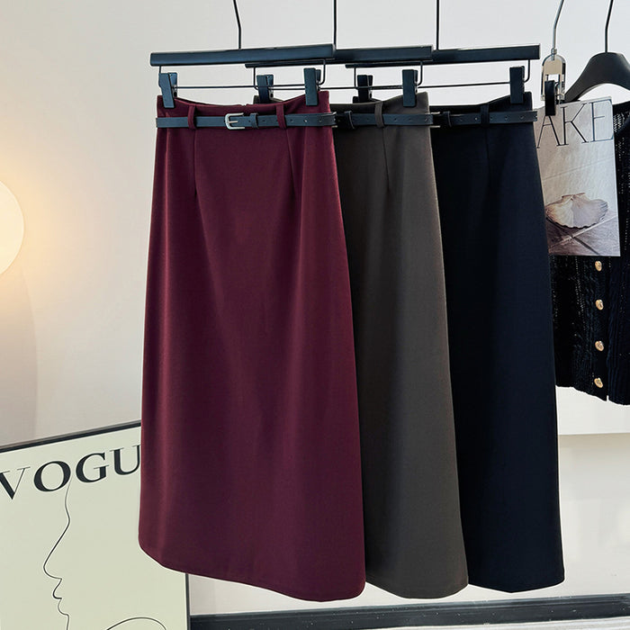 Cross Body Slimming High Waist Solid Color Mid Length Woolen Skirt Women Korean Retro Simple Split All Matching Straight Skirt