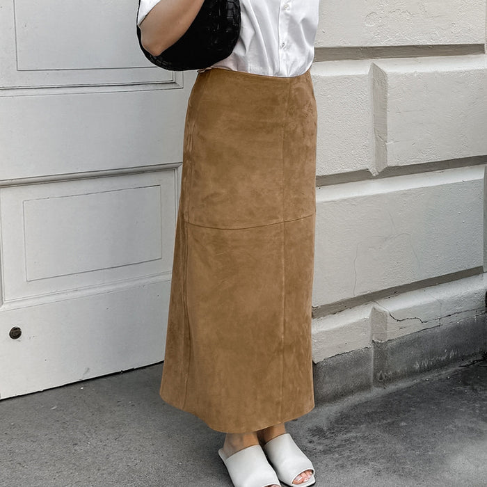 Autumn Retro Fashionable Knitted Brushed Velvet Khaki Slim High Waist Straight Skirt Elegant Casual Women