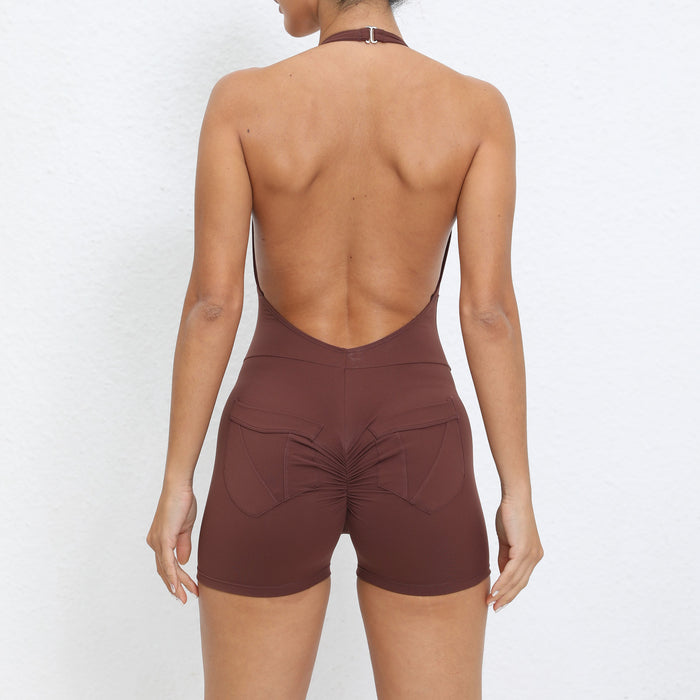 Halter Pocket Nude Feel Hip Lifting Beauty Back Yoga Jumpsuit Women Backless Fitness Sports Tight Jumpsuit