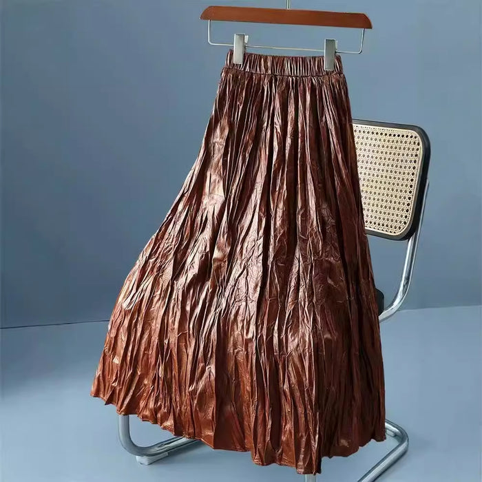 Autumn Pleated High Waist Skirt Women Clothing Leather Skirt Long Pleated A line Skirt