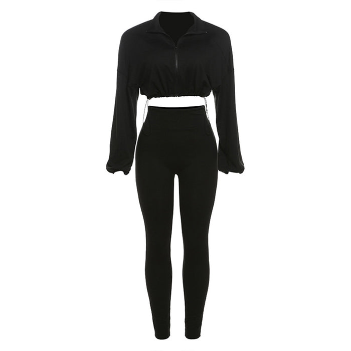 Spring Autumn Sexy Drawstring Waist Cropped Top High Waist Tight Trousers Suit Women