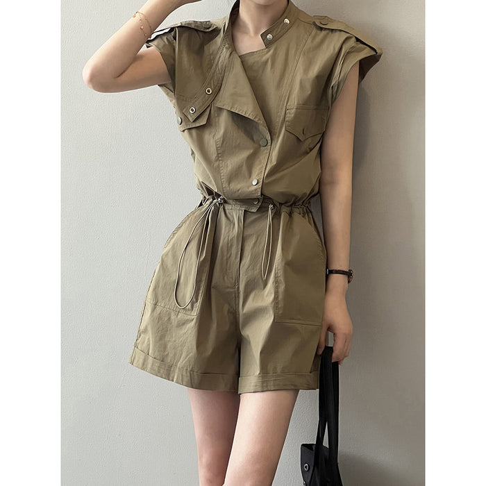 High Waist Drawstring Cargo Overalls Women Summer Stand Collar Flying Sleeves Shirt Romper