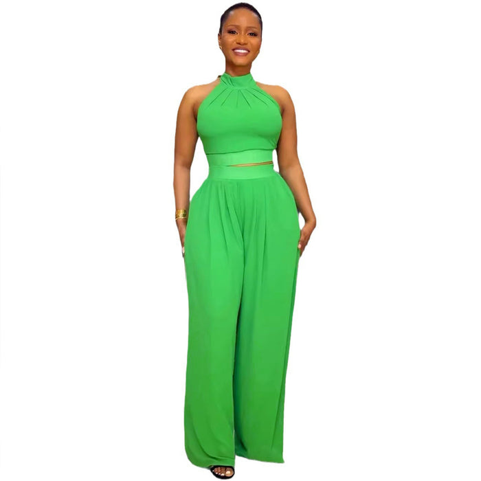 Sexy Pleated Sleeveless High Waist Top Wide Leg Pants Two Piece Set