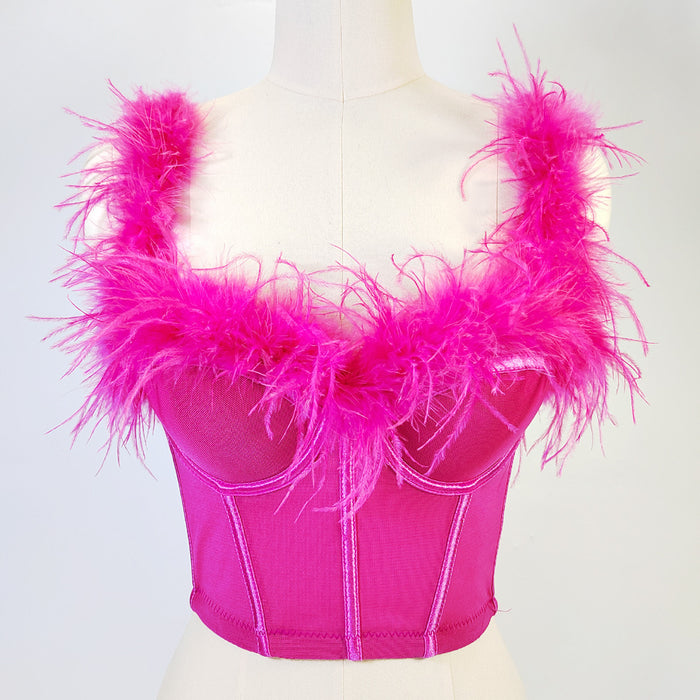 Live Broadcast High Grade Ostrich Fur Super Fairy Boning Corset Tube Top Shaping Drawstring Slim Fit Bare Back Feather Sling