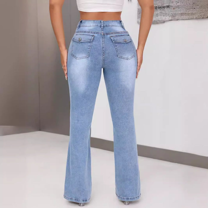 Women Clothing High Waist Casual Straight Leg Slimming High Elastic Jeans