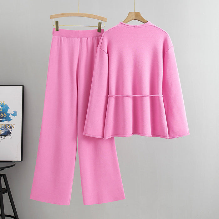 V Neck Knitted Two Piece Loose Cardigan Sweater Graceful Wide Leg Pants Two Piece Suit