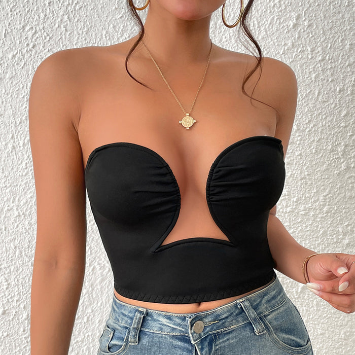 Street Sexy Nightclub Steel Ring Hollow Out Cutout Low Cut Pleated Backless Short Sexy Tube Top