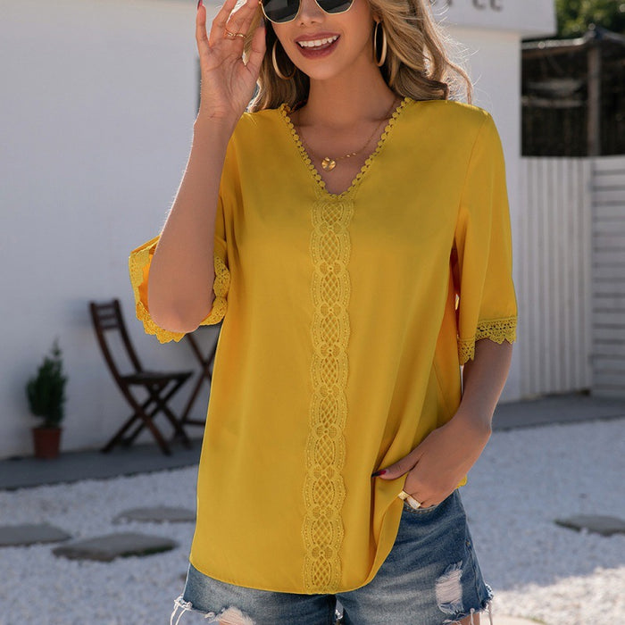 Simple Elegant Lace Stitching V Neck Short Sleeve Shirt Solid Color Hollow Out Cutout Top Women