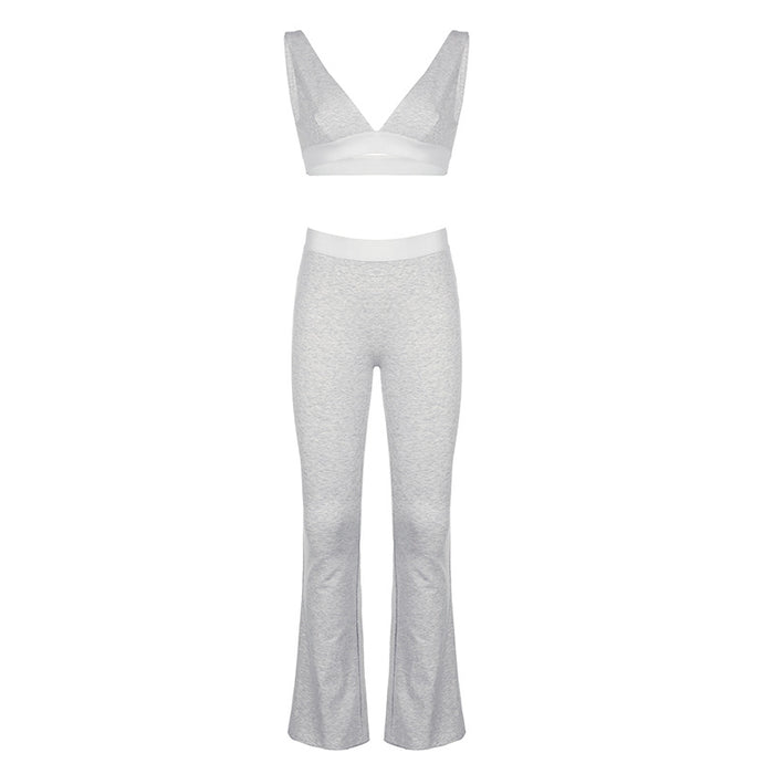 Street Casual V Neck Cropped Tank Top High Waisted Boot Cut Pants Suit Ribbon Stitching Sports Two Piece Set