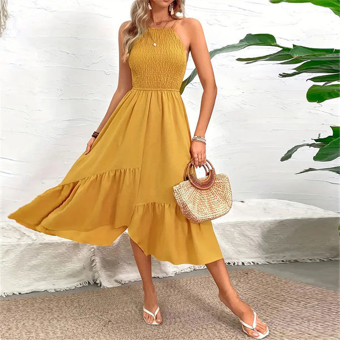 Solid Color Irregular Asymmetric Spaghetti-Strap Halter Sleeveless Maxi Dress Spring Summer Women Design Dress